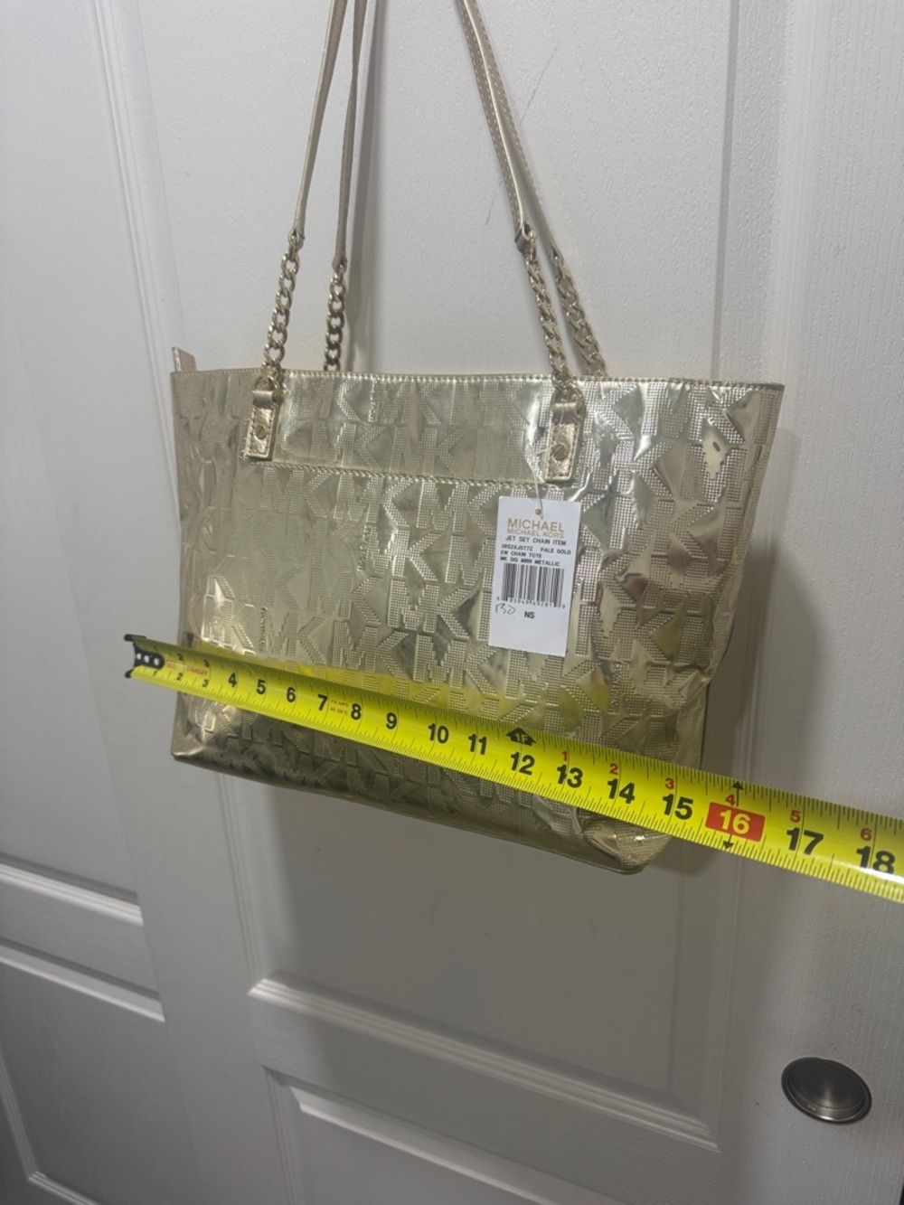 Michael Kors Jet Set Chain Tote Gold Metallic MK Logo Shoulder Bag NWT - Picture 9 of 11